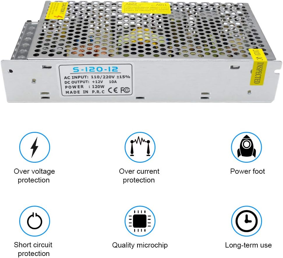 inShareplus 12V 10A 120W, DC Universal Regulated Switching Power Supply, 110/220V AC to DC 12 Volt LED Driver, Converter, Transformer for LED Strip Light, CCTV, Computer Project, 3D Printer