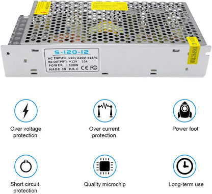 inShareplus 12V 10A 120W, DC Universal Regulated Switching Power Supply, 110/220V AC to DC 12 Volt LED Driver, Converter, Transformer for LED Strip Light, CCTV, Computer Project, 3D Printer