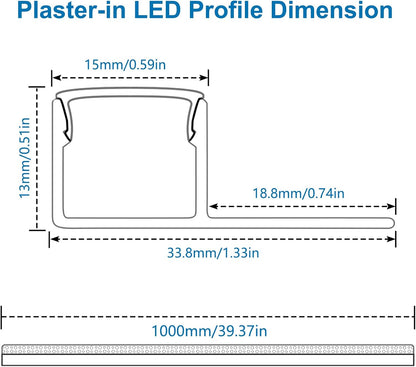inShareplus Plaster-in LED Profile, 3.3ft/1M 6-Pack LED Aluminium Channel with Milky Diffuser, Trimless Recessed Single-Sided LED Strip Diffuser for Under Cabinet, Wall, Ceiling and Corners of Walls [Energy Class F]