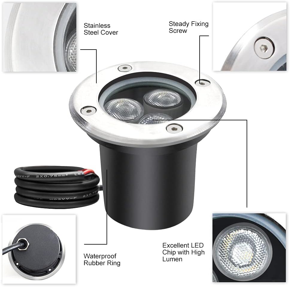 inShareplus 3W LED in Ground Lights, Well Light, Outdoor Landscape Lights, Pathway Lights, Warm White, Waterproof IP67 DC 12V 24V Low Voltage Outdoor Spotlights for Driveway, Deck, Step, Garden Lights (6 Pack) [Energy Class G]