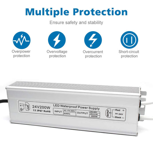 24V Outdoor Waterproof LED Power Supply 200W–500W, 175–265V Input, Single/Dual Wire Output, Aluminum Housing, Landscape & Outdoor Lighting, CE/RoHS/FCC Certified, Waterproof Transformer for Outdoor Lighting, UK/EU Plug