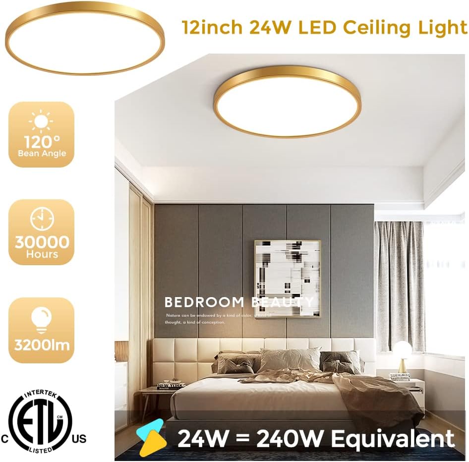 inShareplus 12 Inch 24W Gold LED Ceiling Light, Daylight White 5000K 0.94 Inch Ultra Thin Flush Mount Ceiling Lighting, 3200LM Super Bright Gold Ceiling Lamp for Bedroom, Office, Hallway, Kitchen