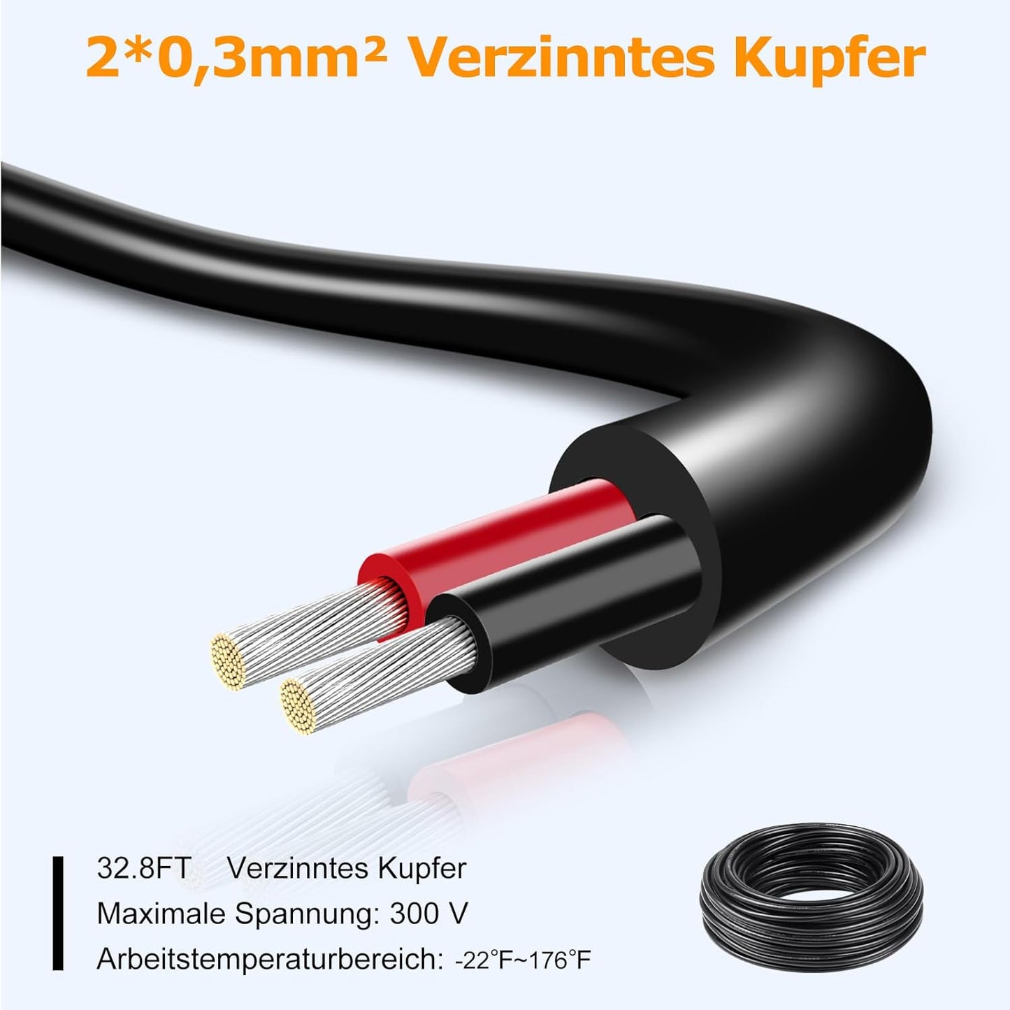 inShareplus 22AWG 2 x 0.3 mm² 10 m Electric Cable 2-Core Cable, 5V/12V/24V Underground Cable Tinned Copper Cable, 300V Flexible and Soft Power Cable High Temperature Resistance Extension Cable 10 m