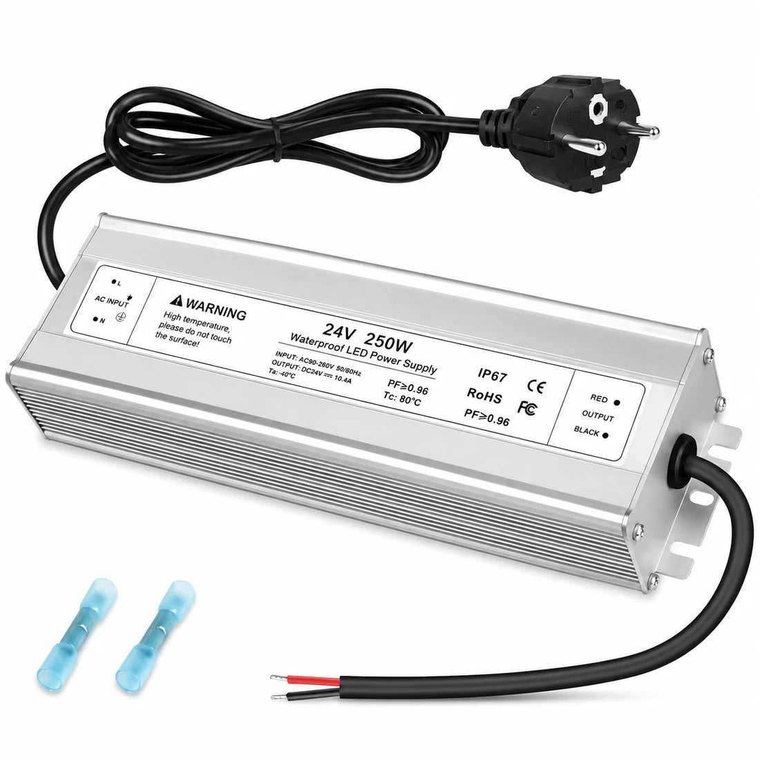 24V Outdoor Waterproof LED Power Supply 120W–300W, 90–265V Input, Single/Dual Wire Output, Aluminum Housing, Landscape & Outdoor Lighting, CE/RoHS/FCC Certified, Waterproof Transformer for Outdoor Lighting, US/UK/EU Plug