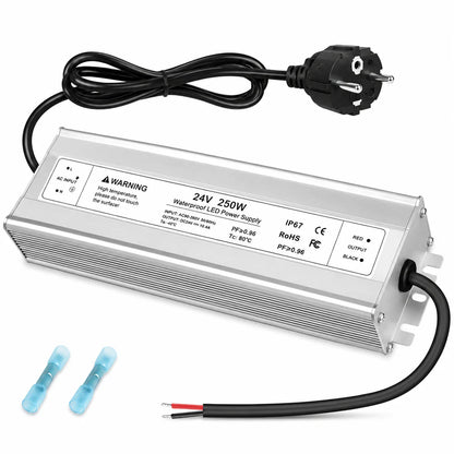 24V Outdoor Waterproof LED Power Supply 120W–300W, 90–265V Input, Single/Dual Wire Output, Aluminum Housing, Landscape & Outdoor Lighting, CE/RoHS/FCC Certified, Waterproof Transformer for Outdoor Lighting, US/UK/EU Plug