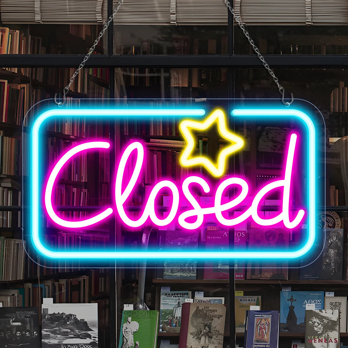 Closed Silicone LED Store Signs – Ice Blue & Pink Glow + Yellow Star | 16.5 × 9 inch | Window Hanging |  Plug & Play for  Store Entrances & Business Locations