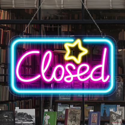 Closed Silicone LED Store Signs – Ice Blue & Pink Glow + Yellow Star | 16.5 × 9 inch | Window Hanging |  Plug & Play for  Store Entrances & Business Locations