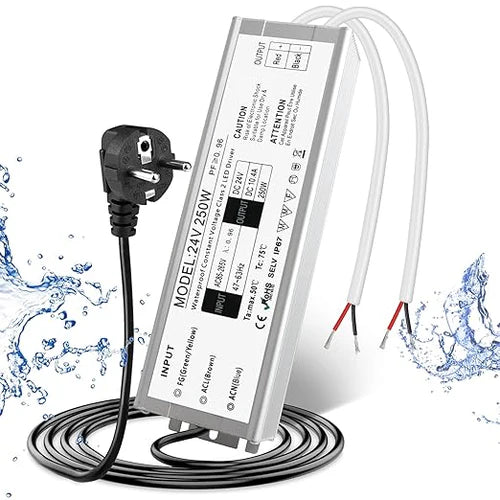 24V Outdoor Waterproof LED Power Supply 120W–300W, 90–265V Input, Single/Dual Wire Output, Aluminum Housing, Landscape & Outdoor Lighting, CE/RoHS/FCC Certified, Waterproof Transformer for Outdoor Lighting, US/UK/EU Plug