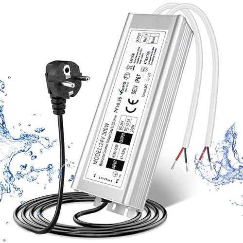 24V Outdoor Waterproof LED Power Supply 120W–300W, 90–265V Input, Single/Dual Wire Output, Aluminum Housing, Landscape & Outdoor Lighting, CE/RoHS/FCC Certified, Waterproof Transformer for Outdoor Lighting, US/UK/EU Plug