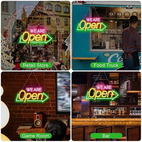WE ARE OPEN Silicone LED Store Signs – USB Powered | 16.1×7.8 inch | Arrow Shape LED Window Sign |  2 Color Options for  Store Entrances & Business Locations