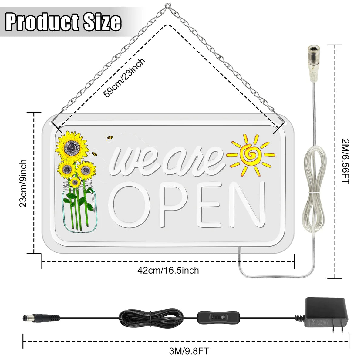 We Are Open Silicone LED Store Signs with Sunflower Decor | Warm White / Neutral White | 16.5 × 9 / 23×12 inch | 12V Plug & Play Storefront Neon Decor for  Store Entrances & Business Locations
