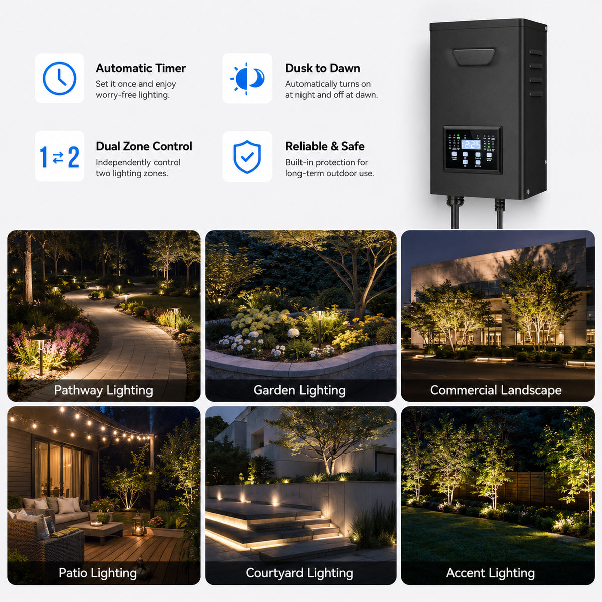 300W Dual Zone Low Voltage Lighting Transformer – 120V to 12V/14V AC, Timer & External Photocell, Low Voltage Power Supply for Outdoor LED Lighting