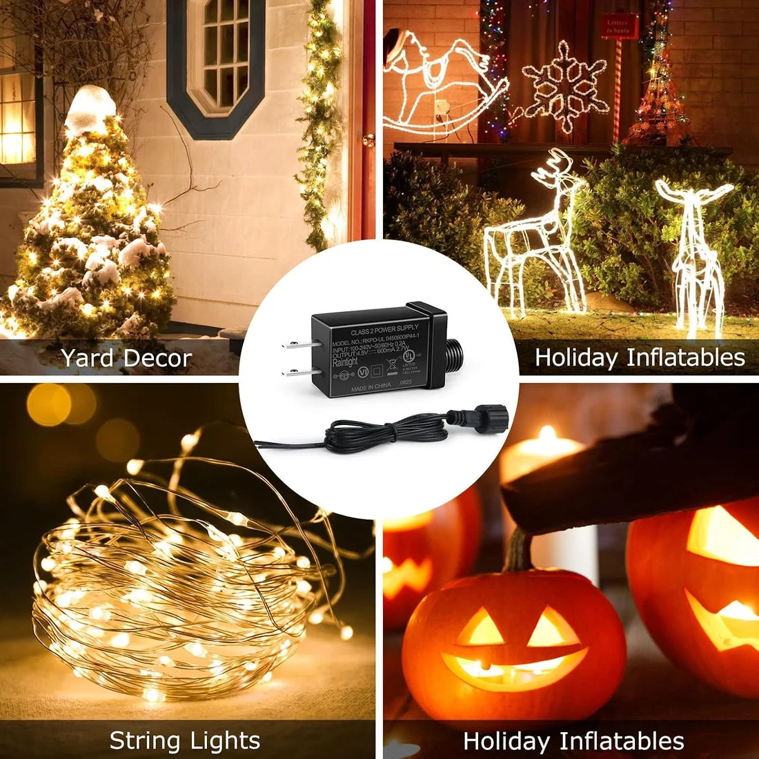 2.7W IP44 Class 2 Plug-in Power Adapter, AC 100–240V to DC 4.5V Adapter Transformer - Waterproof Power Supply for Outdoor String Lights, Holiday Decorations and Decorative Lighting