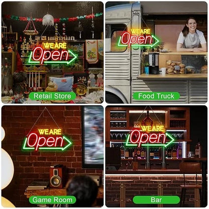 WE ARE OPEN Integrated LED Store Signs – USB Powered | 16.1×7.8 inch | Arrow Shape LED Window Sign |  Yellow + Red + Green Glow for Store Entrances & Business Locations