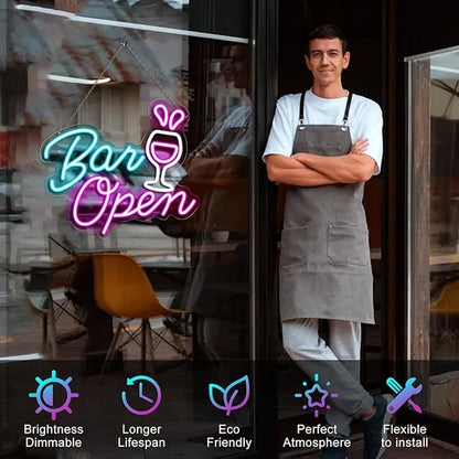 BAR OPEN Silicone LED Shop Sign – 16.5×14.3 Inch | 5V USB Powered Dimmable Commercial LED Sign | White + Pink + Blue Glow with Wine Glass Design | Window Hanging Business Sign for Bars, Restaurants, Cafes & Hospitality Spaces
