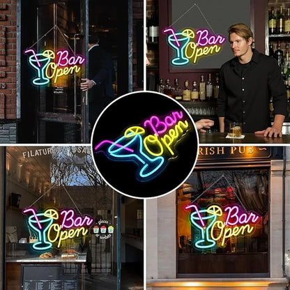 BAR OPEN Silicone LED Shop Sign – 16.5×10.6 Inch | 5V USB Powered Dimmable LED Window Hanging Sign | Blue + Pink + Yellow Glow with Cocktail Glass Design | Accessories Included for Bars, Cafes, Restaurants & Commercial Spaces