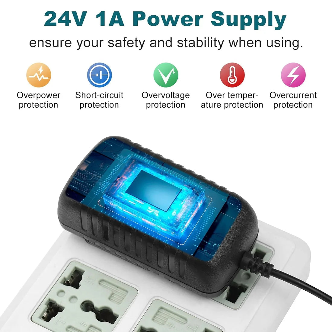 24V Plug-in Power Adapter 24W, AC 100–240V Input, Black Case - US Plug AC Power Supply for LED Lighting and DIY Projects