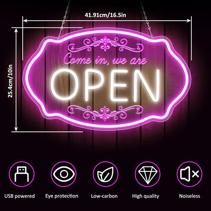 Come in We’re Open Silicone LED Store Signs – Pink + White Glow | 16.5 × 10 inch | Window Hanging Business Sign |Plug & Play for  Store Entrances & Business Locations