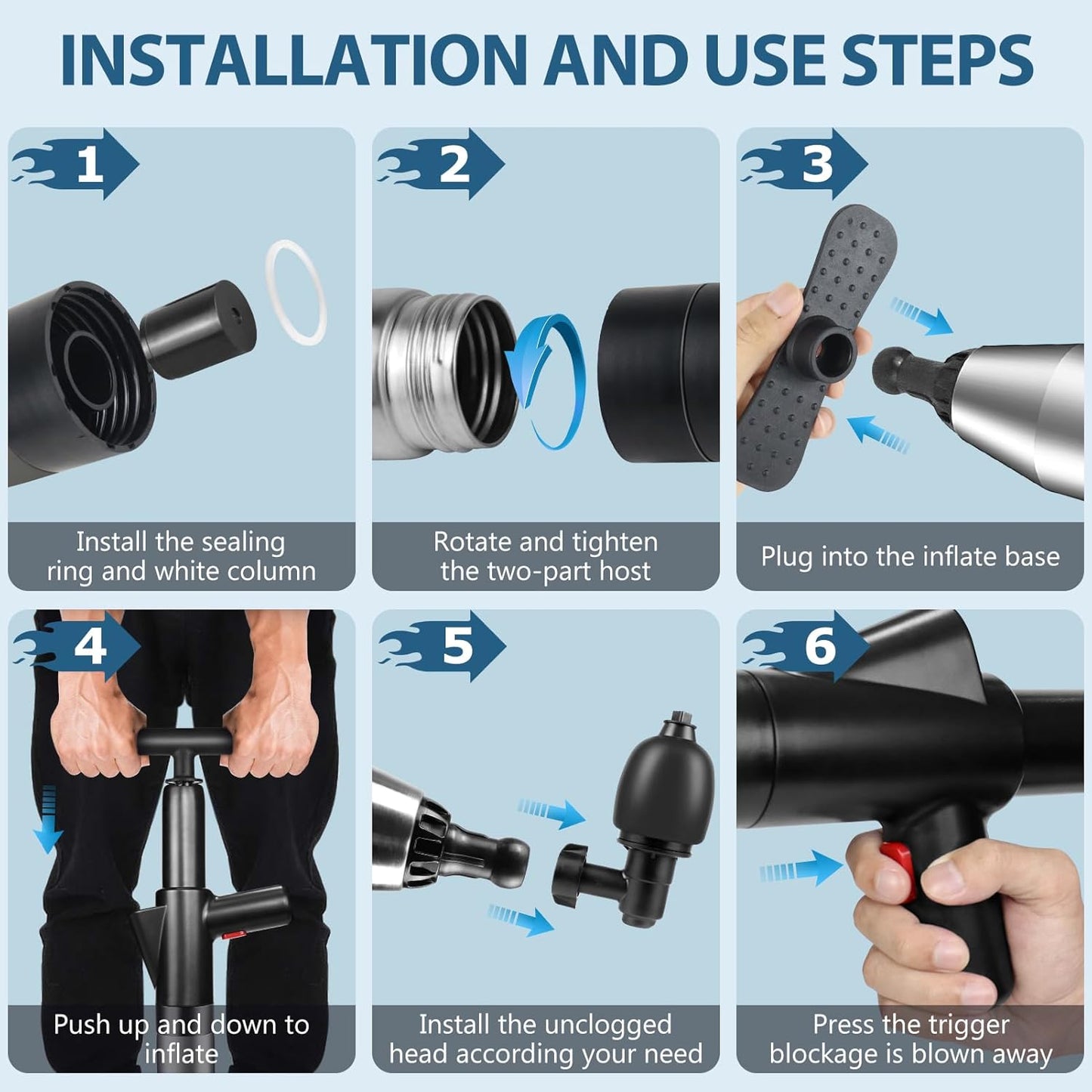 inShareplus Toilet Plunger, Black Toilet Unblocker Heavy Duty, High Pressure Plunger Kit with 4 Replaceable Heads and 1 Gloves Plunger Sink Unblocker for Unblocking Toilets, Sink, Bathtub, Floor