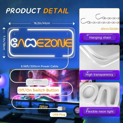 16.2×7.1 Inch Neon Wall Decor – GAME ZONE Silicone Neon Sign – 5V USB Powered White & Orange Glow LED Wall Light | Neon Lamp with Accessories Included | Hanging Gaming Decor for Gaming Room, Bedroom, Setup & Party Spaces