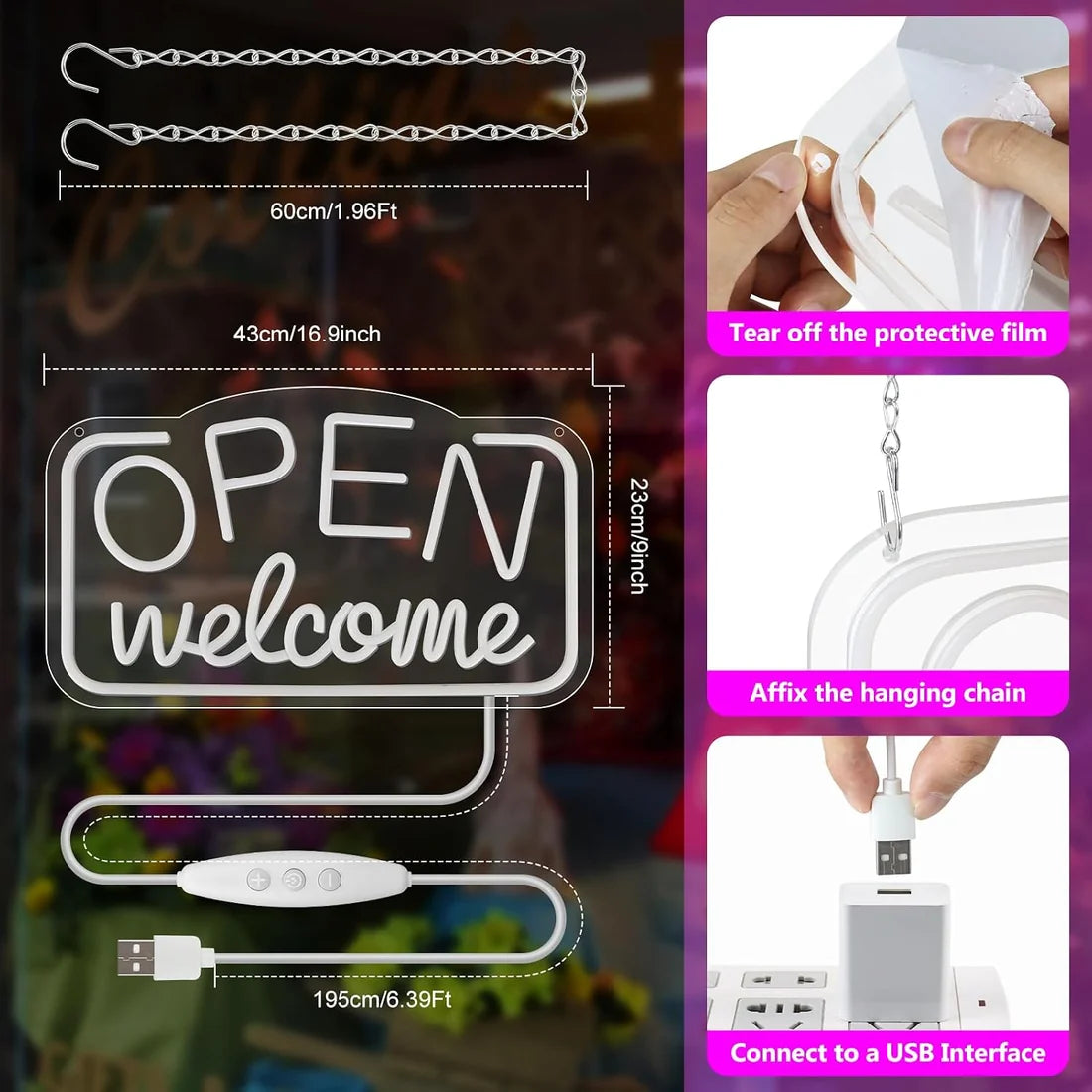 OPEN Welcome LED Silicone LED Store Signs – 16×9 Inch (41×23 cm) Horizontal Style | USB Powered Pink, Blue & Yellow Glow Light for  Store Entrances & Business Locations