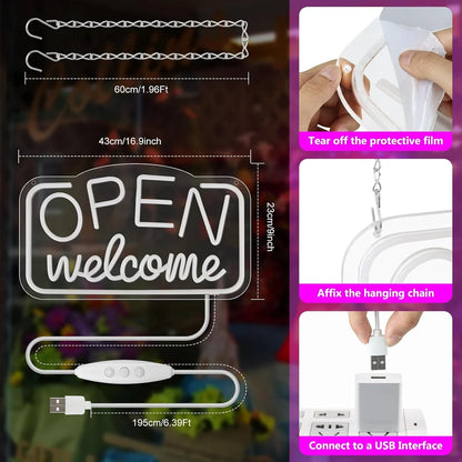 OPEN Welcome LED Silicone LED Store Signs – 16×9 Inch (41×23 cm) Horizontal Style | USB Powered Pink, Blue & Yellow Glow Light for  Store Entrances & Business Locations