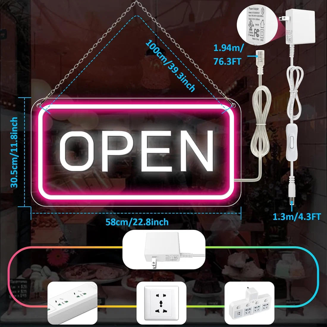 OPEN LED Store Signs – 22.8×11.8 Inch | 12V Powered Pink & White Glow Light | Horizontal & Vertical Style with US Plug for  Store Entrances & Business Locations