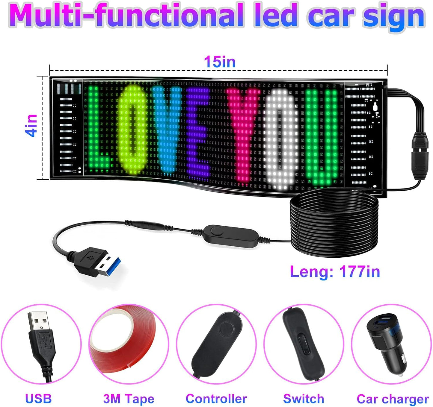 inShareplus 15''x4'' Flexible Scrolling LED Car Sign with USB, Bluetooth APP Control Car LED Sign, DIY Programmable, Custom Text, Pattern, Animation, Graffiti, LED Matrix Panel for Wedding Party