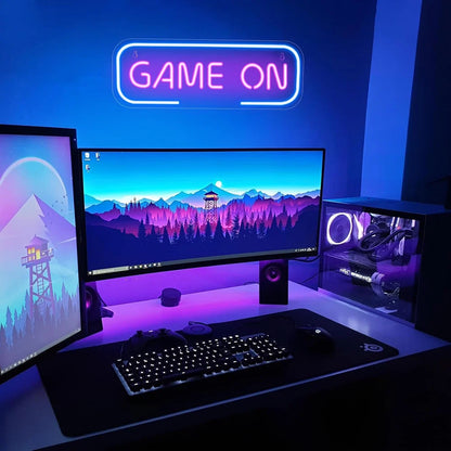 15.7×5.6 Inch Neon Wall Decor – GAME ON Silicone Neon Sign – 5V USB Powered Dimmable Blue & Pink Glow LED Wall Light | Neon Lamp with Accessories Included | Hanging Gaming Decor for Gaming Room, Bedroom, Setup & Party Spaces