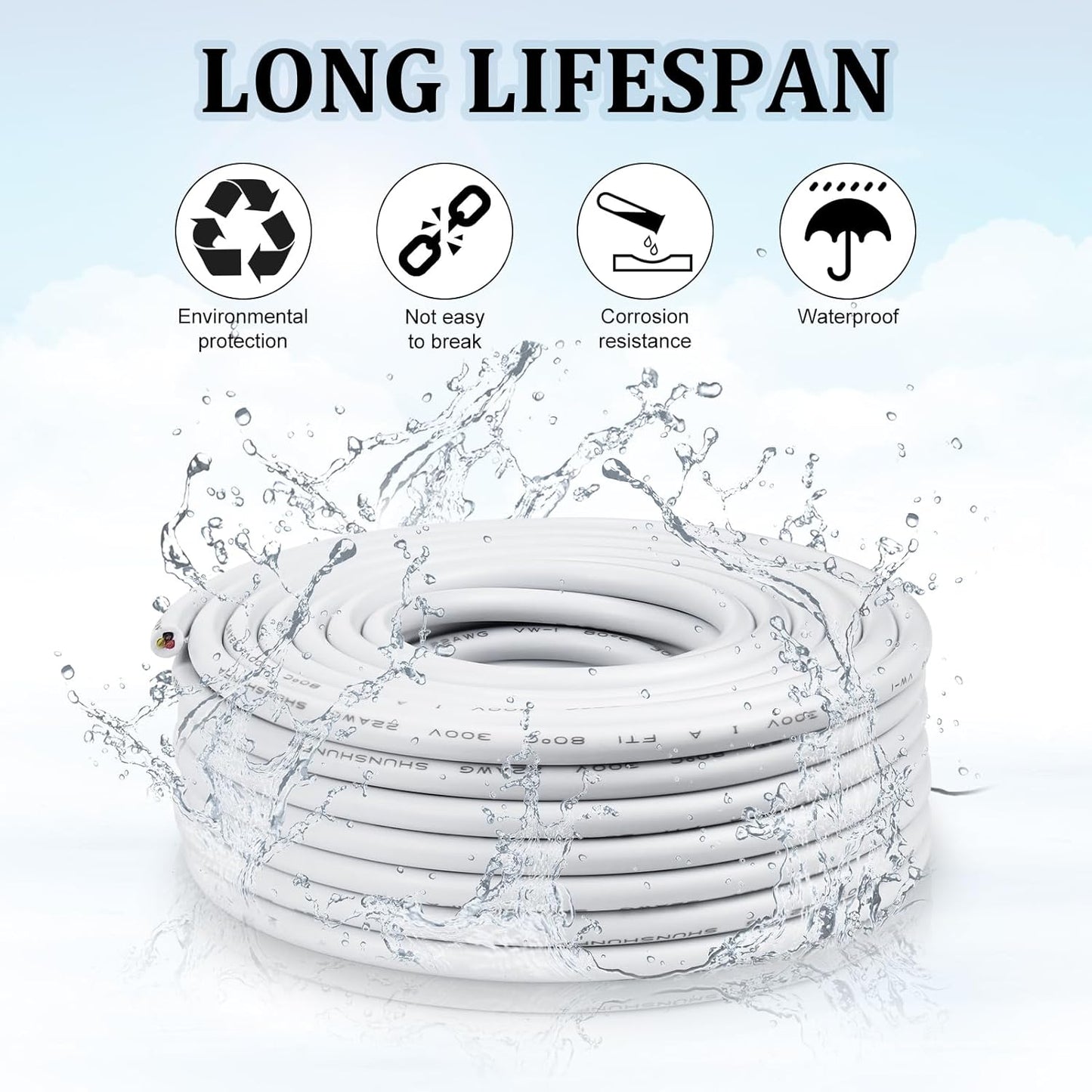 inShareplus 22AWG 3x0.3mm² 10 Meter Electrical Wire 3 Core Cable, 5V/12V/24V White Tinned Copper Wires, 22 Gauge 300V Flexible and Soft Outdoor Cable High Temperature Resistant Extension Cable