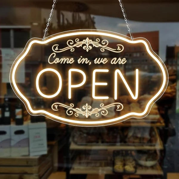 WE ARE OPEN COME IN LED Silicone LED Store Signs – 16.5×10 Inch (42×25 cm) | 5V USB Powered Warm White Dimmable Light with Horizontal & Vertical Style for  Store Entrances & Business Locations