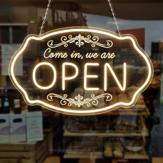 WE ARE OPEN COME IN LED Silicone LED Store Signs – 16.5×10 Inch (42×25 cm) | 5V USB Powered Warm White Dimmable Light with Horizontal & Vertical Style for  Store Entrances & Business Locations