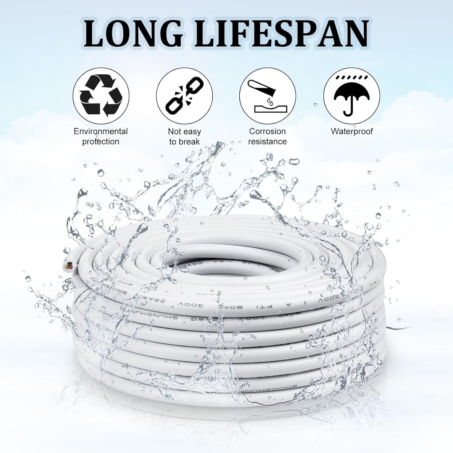 inShareplus 22AWG 2x0.3mm² 5 Meter Electrical Wire 2 Core Cable, 5V/12V/24V White Tinned Copper Wires, 22 Gauge 300V Flexible and Soft Outdoor Cable High Temperature Resistant Extension Cable
