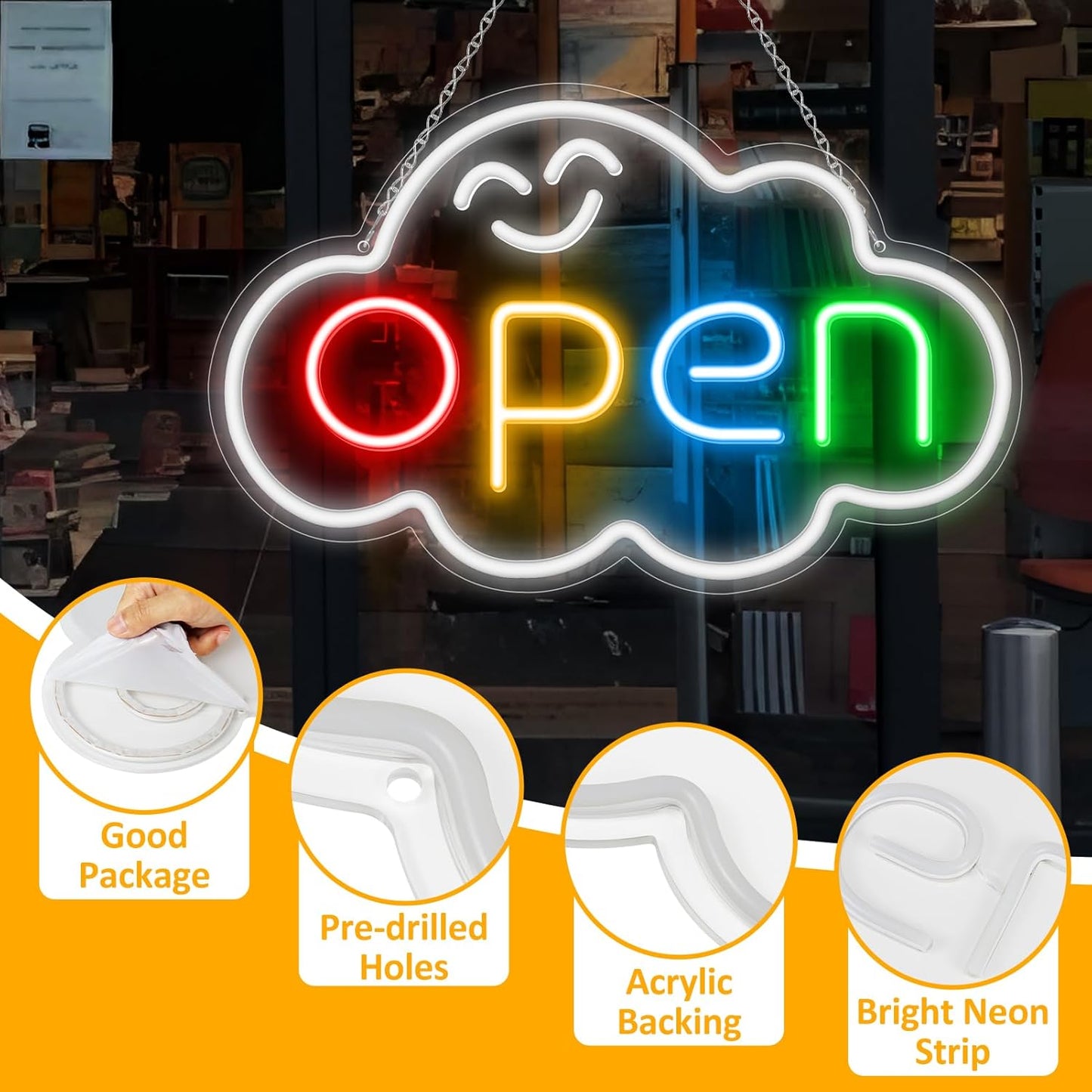 16.5"x 10.2" LED Neon Open Sign for Business, Ultra Bright Lighted Sign Open with ON/OFF Switch, Cloud Electric Light up Sign for Stores, Restaurants Offices Retail Shops Window Storefronts