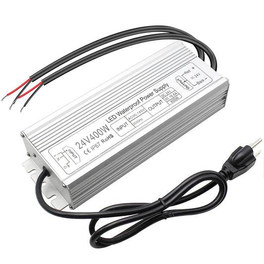 inShareplus 24 V 400 W LED-Netzteil, IP67 regenfester, wasserdichter Außentreiber, AC 90–140 V auf DC 24 V Niederspannungstransformator, Adapterkonverter für LED-Licht, Computerprojekt, Außenbereich 