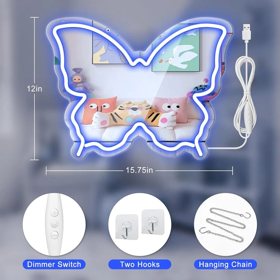 Blue Butterfly - Beauty Mirror Signs – 15.7×12 inch Neon Outline | USB Powered | Perfect for Makeup Stations, Bedroom Decor & Beauty Spaces