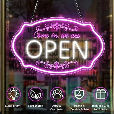 Come in We’re Open Silicone LED Store Signs – Pink + White Glow | 16.5 × 10 inch | Window Hanging Business Sign |Plug & Play for  Store Entrances & Business Locations