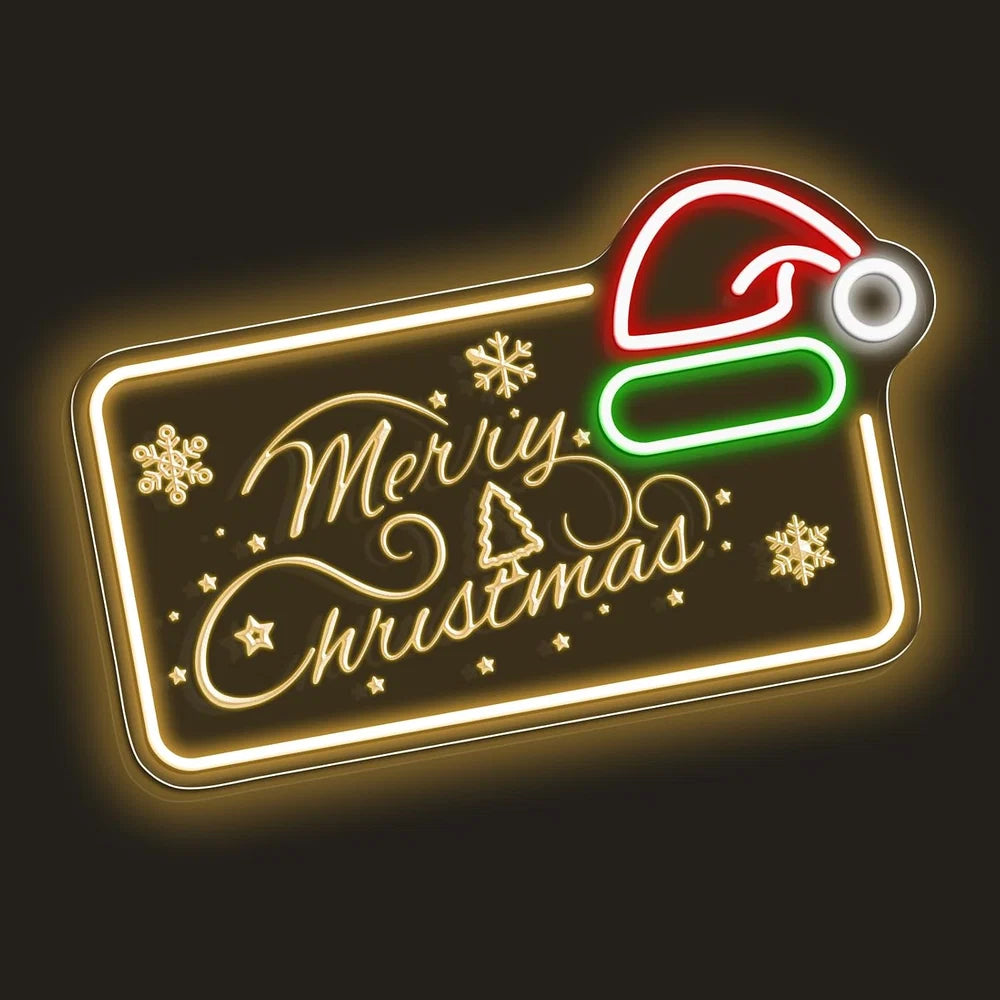16.5×10 Inch Neon Wall Decor– MERRY CHRISTMAS Silicone Neon Sign with Santa Hat | Yellow, Red, Green & White Glow Neon Lamp with Accessories Included | Hanging Holiday Decor for Christmas Party, Bedroom & Home Spaces