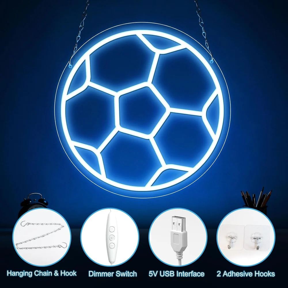 12×12 Inch Neon Wall Decor – Silicone Neon Sports Sign | 5V USB Powered Dimmable Ice Blue Glow LED Wall Light | Volleyball & Soccer Ball Design Options with Accessories Included | Sports Decor for Game Rooms, Bars & Entertainment Spaces