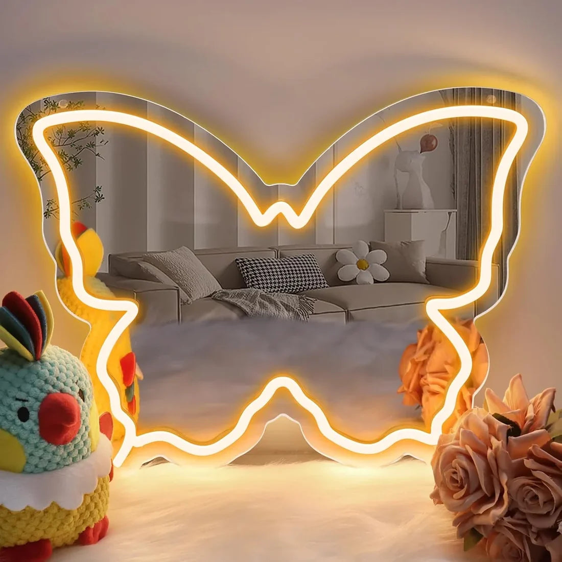 Warm White Butterfly - Beauty Mirror Signs – 15.7×12 inch Neon Outline | USB Powered | Perfect for Bedroom Ambiance, Lounge Areas & Elegant Home Decor
