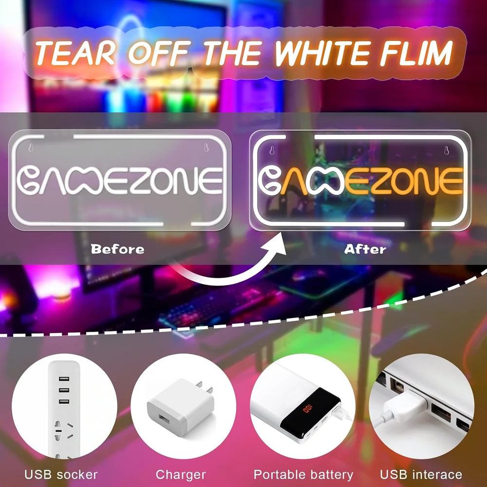 16.2×7.1 Inch Neon Wall Decor – GAME ZONE Silicone Neon Sign – 5V USB Powered White & Orange Glow LED Wall Light | Neon Lamp with Accessories Included | Hanging Gaming Decor for Gaming Room, Bedroom, Setup & Party Spaces