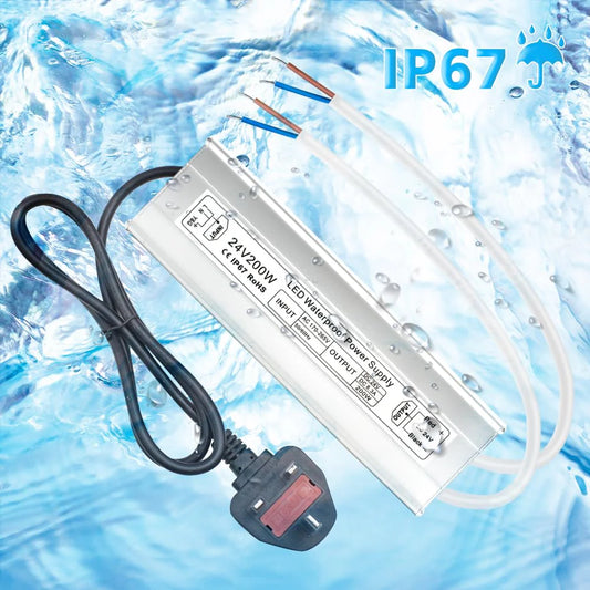 24V Outdoor Waterproof LED Power Supply 200W–500W, 175–265V Input, Single/Dual Wire Output, Aluminum Housing, Landscape & Outdoor Lighting, CE/RoHS/FCC Certified, Waterproof Transformer for Outdoor Lighting, UK/EU Plug