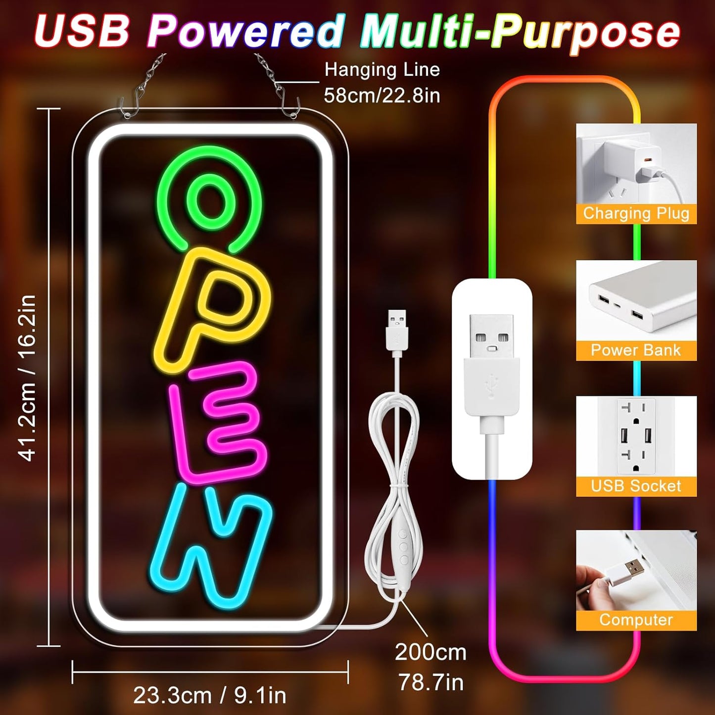 inShareplus 16,2 x 9,1 Zoll superhelles „Geöffnet“-Schild, verstellbares Neon-„Geöffnet“-Schild, „Geöffnet“-Schilder für Geschäftsfenster, Stromversorgung über USB mit EIN/AUS, LED-„Geöffnet“-Schild für Geschäfte, Restaurant-Bar-Hotelwand (vertikal) 