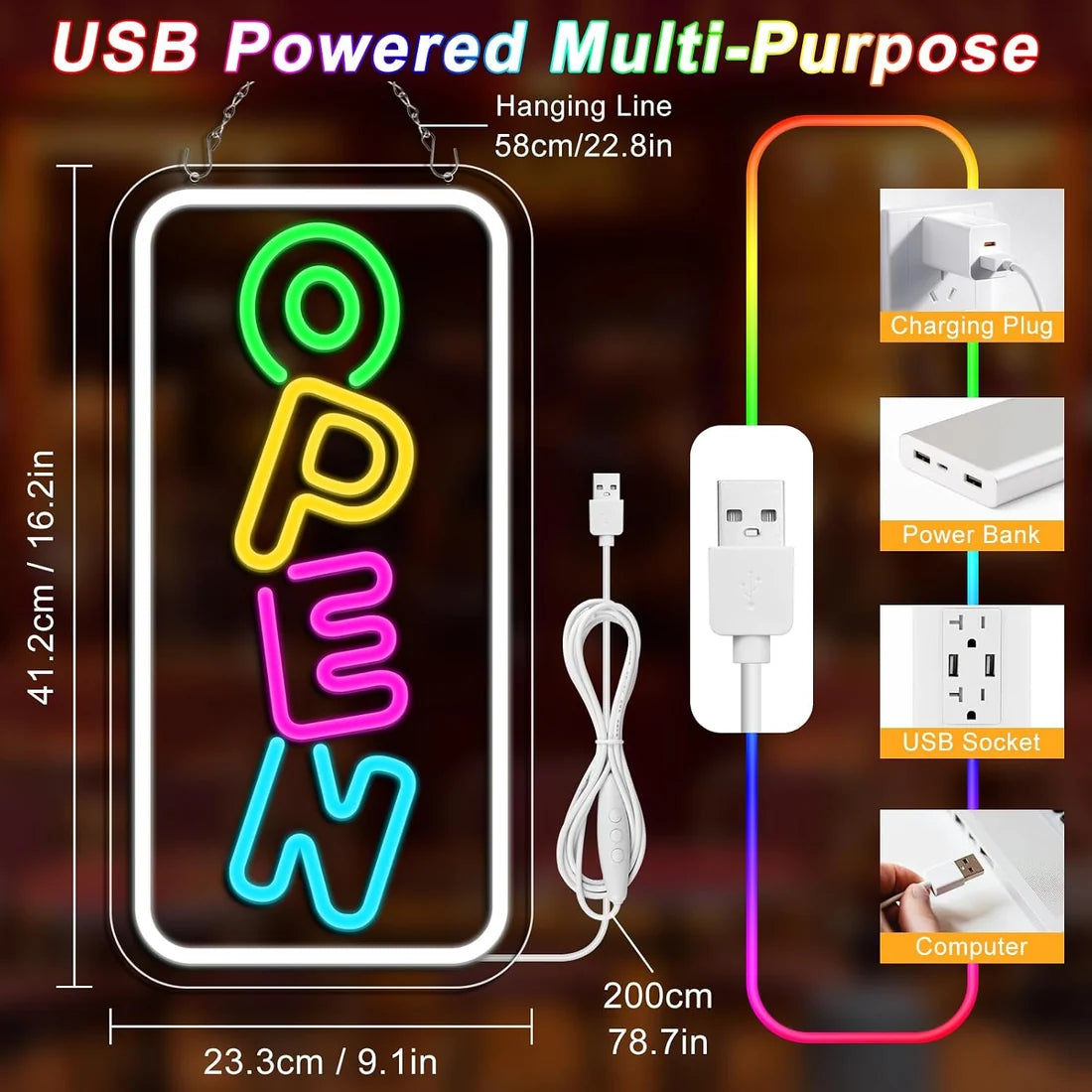 OPEN LED Store Signs – 16.2×9.1 Inch Silicone Neon Light | USB Powered 5V Dimmable Multicolor Glow | Horizontal & Vertical Style for  Store Entrances & Business Locations