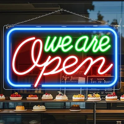 WE ARE OPEN LED Silicone LED Store Signs – 16.5×9 Inch (42×23 cm) Horizontal Style | 5V USB Powered Dimmable Multicolor Glow Light for  Store Entrances & Business Locations