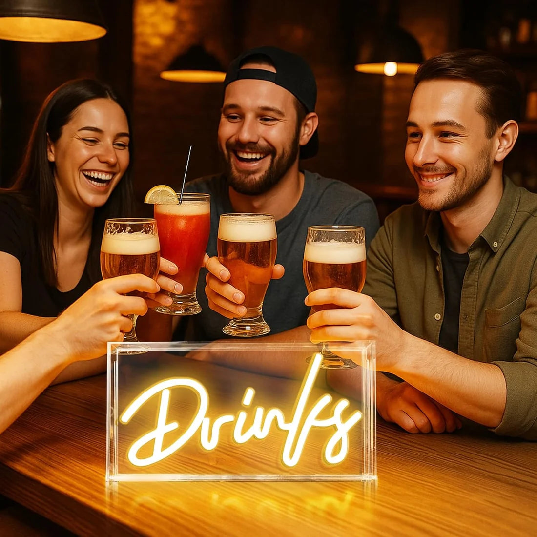 DRINKS Table LED Signs – Rectangular 11.8x5.9 inch | Warm White/Pink | USB Powered | Tabletop Display | For Coffee Stations, Beverage Counters, Lounge Spaces & Entertainment Areas