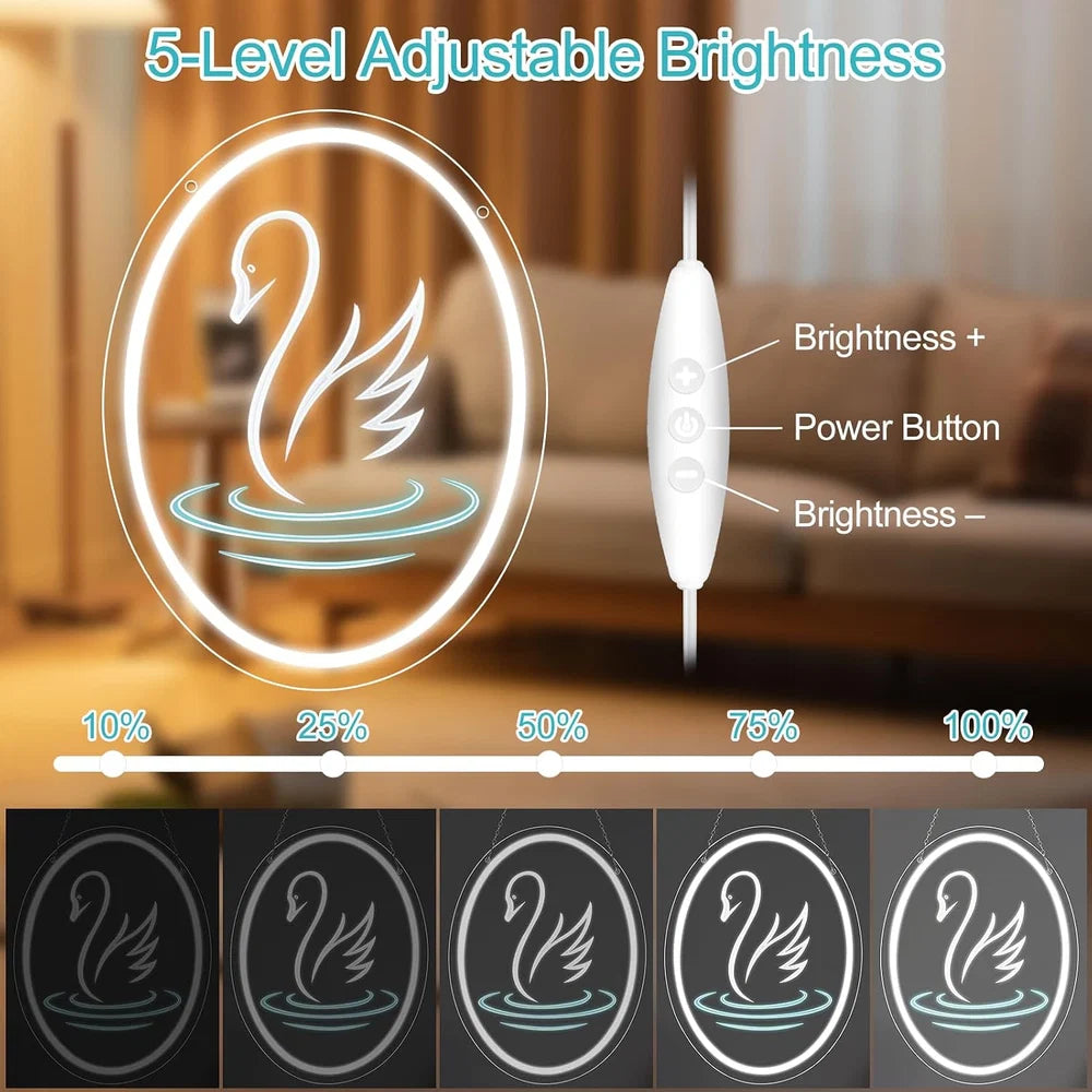 15.7×11.8 Inch Neon Wall Decor – Swan Silicone Neon Sign – 5V USB Powered Dimmable White Glow LED Wall Light | Engraved Design Neon Lamp with Accessories Included | Hanging Decor for Bedroom, Vanity Room, Home & Party Spaces
