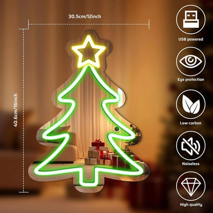 16×12 Inch Neon Wall Decor – Christmas Tree Silicone Neon Sign – 5V USB Powered Dimmable Green & Yellow Glow LED Wall Light | Neon Lamp with Accessories Included | Hanging Holiday Decor for Christmas Party, Bedroom & Home Spaces