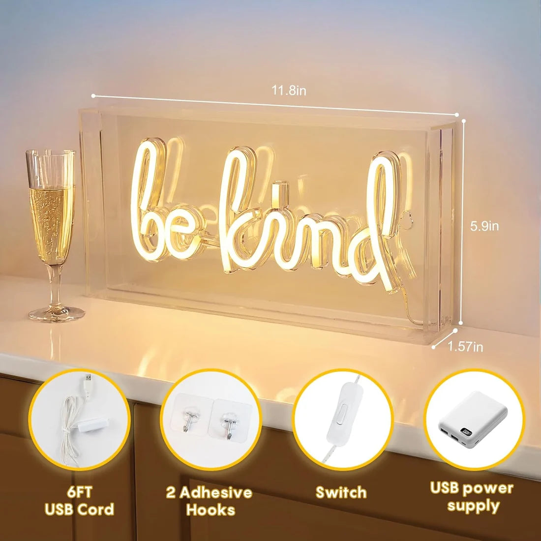 BE KIND Table LED Signs – Rectangular 11.8x5.9 inch | Warm White/Pink | USB Powered | Tabletop Display | For Study Desks, Home Offices, Shelves & Positive Lifestyle Decor