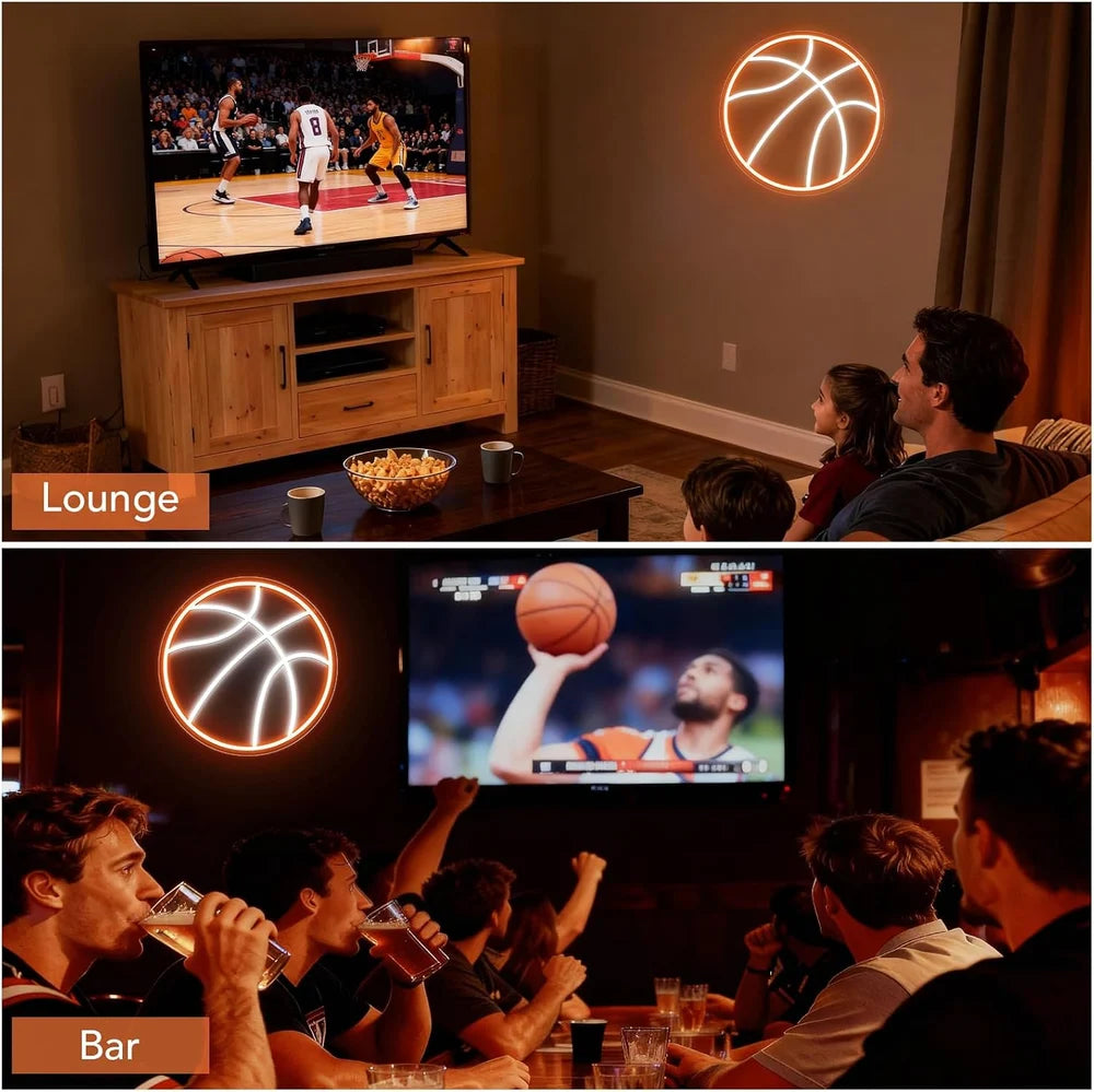 12.5×12.5 Inch Neon Wall Decor – Basketball Silicone Neon Sign – 5V USB Powered Dimmable Orange & White Glow LED Wall Light | Neon Lamp with Accessories Included | Hanging Sports Decor for Bedroom, Game Room, Bar & Party Spaces